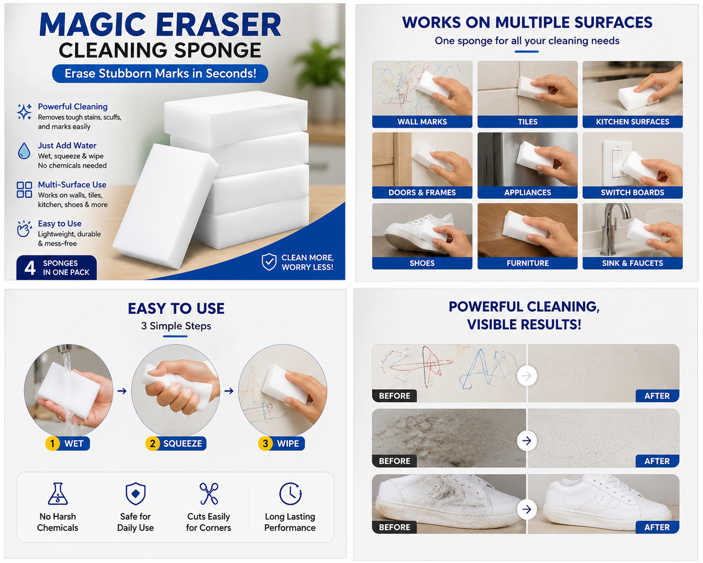 MagicClean⢠Multi-Surface Cleaning Eraser Sponge(Pack of 4)