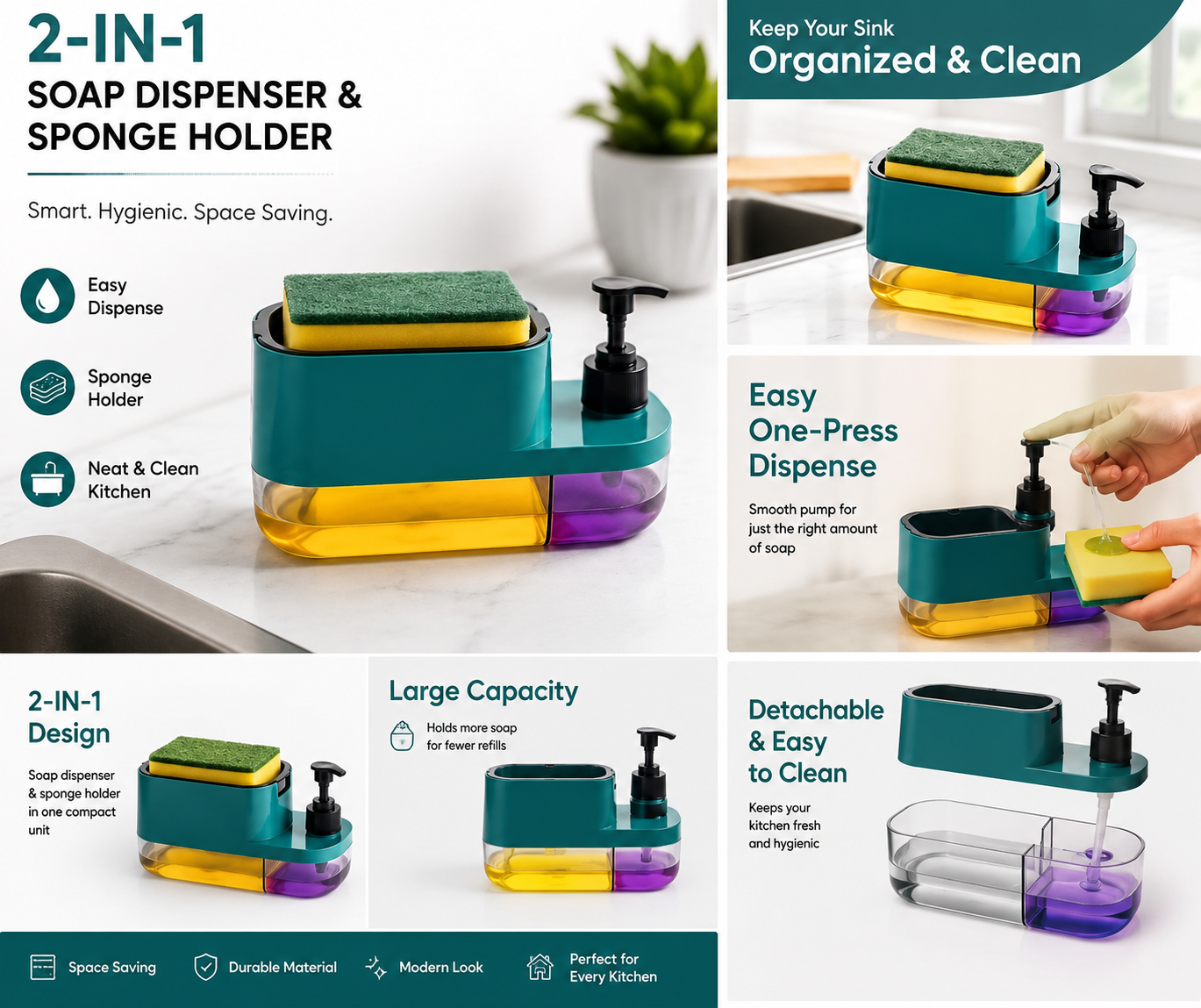 3-in-1 Premium Soap Dispenser with Sponge Holder