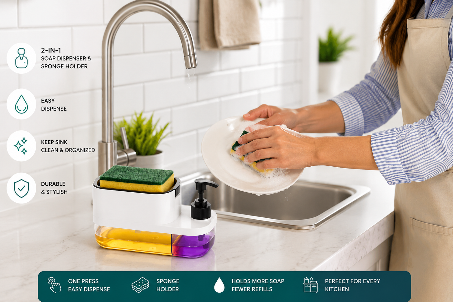 3-in-1 Premium Soap Dispenser with Sponge Holder