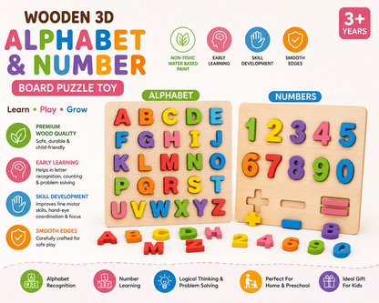 Wooden 3D Capital Alphabets and Number Board Puzzle Toy(Pack of 2)