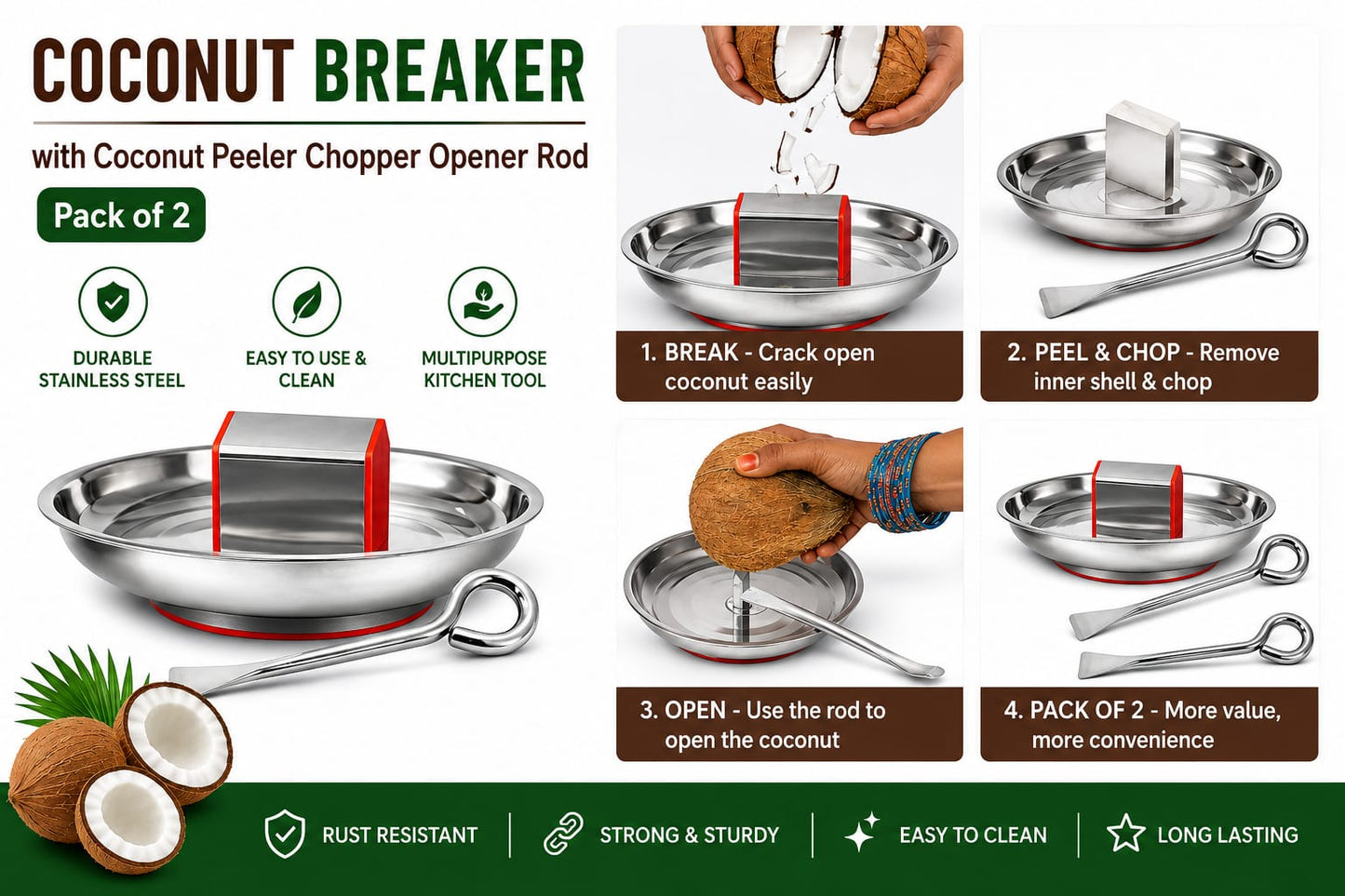 Coconut Breaker with Coconut Peeler Chopper Opener Rod